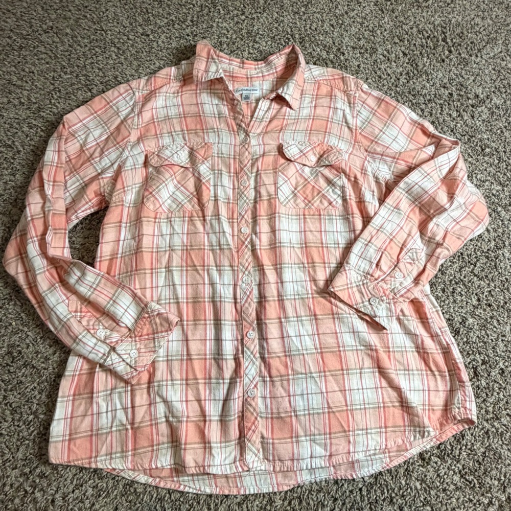 Croft & Barrow Womens XL Peach Plaid 100% Cotton Button Down Shirt Long Sleeve